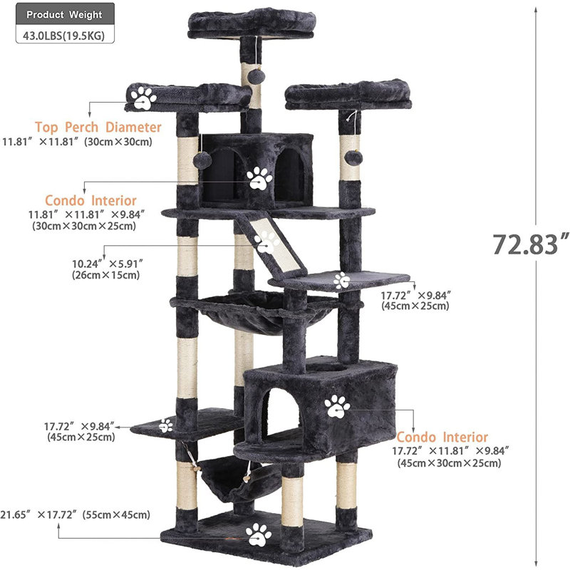 Tall Smoky Gray Sisal and Plush Cat Tree Tower