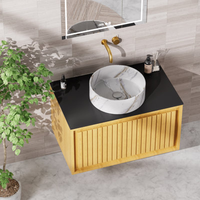 Meuble-lavabo mural simple 30 po avec lavabo rond en céramique, tiroirs à fermeture en douceur