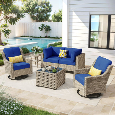 Ensemble de meubles de patio 6 pièces, chaises pivotantes en osier toutes saisons avec coussins rembourrés épais, causeuse et table basse pour le jardin, la cour et le bord de la piscine