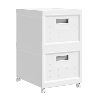 Set Of 2 Collapsible Stackable Rolling File Boxes With Lids And 10 Hanging Files, Portable Plastic Storage Organizer Or File Cabinet With Wheels For Home Or Office