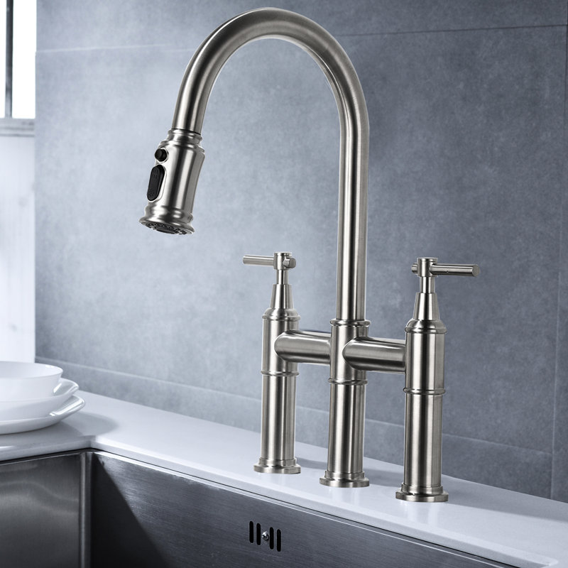 Brushed Nickel Kitchen Bridge Faucet With Pull-Down , Dual Handle For Precise Water Control & Temperature Regulation, 360-Degree Rotating High Spout, Brass, Barely Noticeable Splash- Aerator Spray