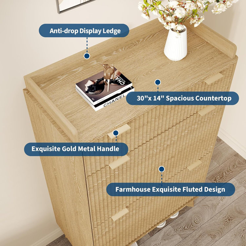 Modern Fluted Shoe Cabinet, 48" Tall Narrow Wooden Entryway Shoe Organizer with Storage Drawer, Natural Wood
