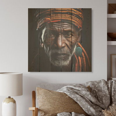 Portrait de chef tribal ébène I - Art tribal africain sur bois de pin naturel