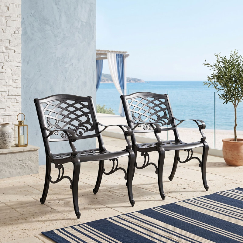 Ensemble de 2 chaises de salle à manger d'extérieur traditionnelles en fonte d'aluminium, chaises de patio en treillis à volutes avec détails floraux