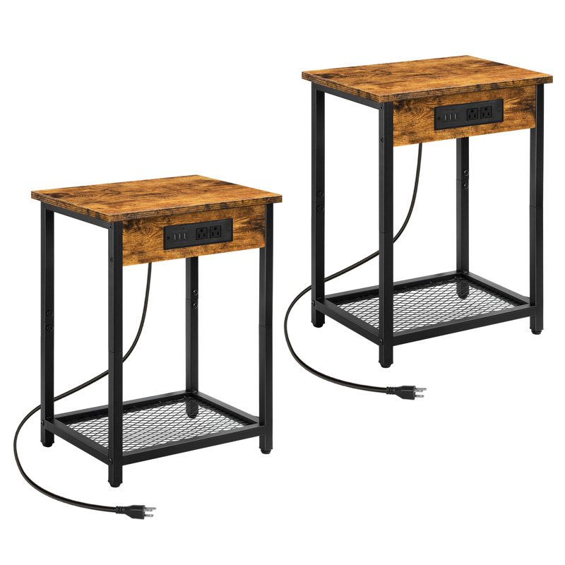 Set of 2 Burnt - colored Side Tables with Extended Power Strip and 3 USB Ports