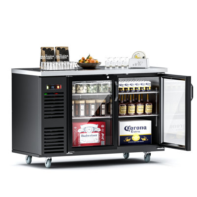 Coolake 60" 17.3 Cu.Ft. 2 Glass Doors Commercial Counter Height Back Bar Cooler Refrigerator with Stainless Steel Top LED Lighting in Black for Bar RV — FIN-0018555 | Fridge.com