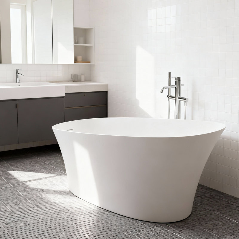 59 po x 30 po. Baignoire de trempage autoportante à fond plat avec trop-plein blanc mat, H 59 po x l 30 po