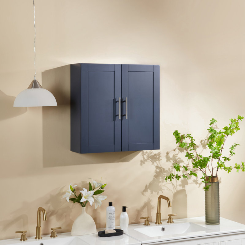Armoire suspendue en bois avec portes et tablettes, Bleu