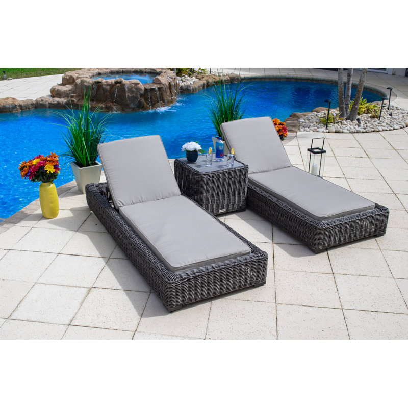 Ensemble de chaises longues d'extérieur 3 pièces Malmo, Toile Sunbrella® gris argenté, Brun