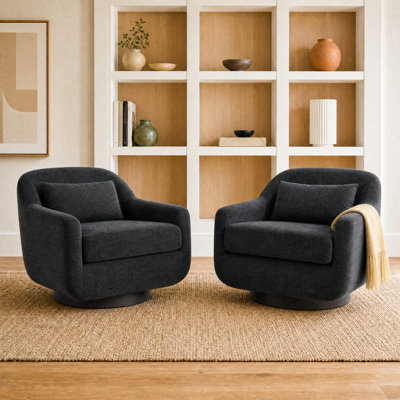 Upholstered Dark Gray Chenille Swivel Oversized Lounge Armchair With Pillow And Metal Base (Set of 2)