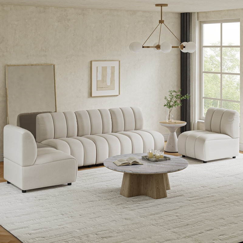 Ensemble de salon modulaire en chenille 5 pièces 84 po Shalon, Ivoire ivoire