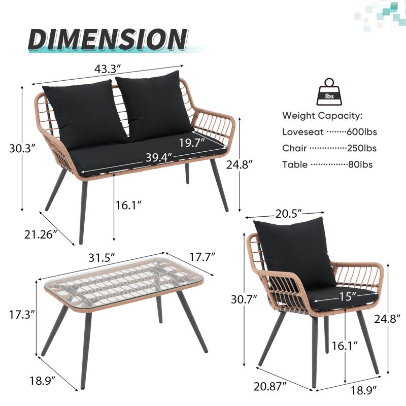 Outdoor 4 Pieces Patio Conversation Set With Cushions, Black