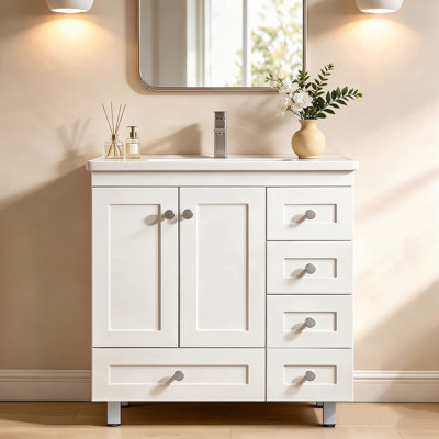 Meuble-lavabo simple 32 po avec 5 tiroirs et 2 portes, grande armoire de rangement avec plateau en céramique