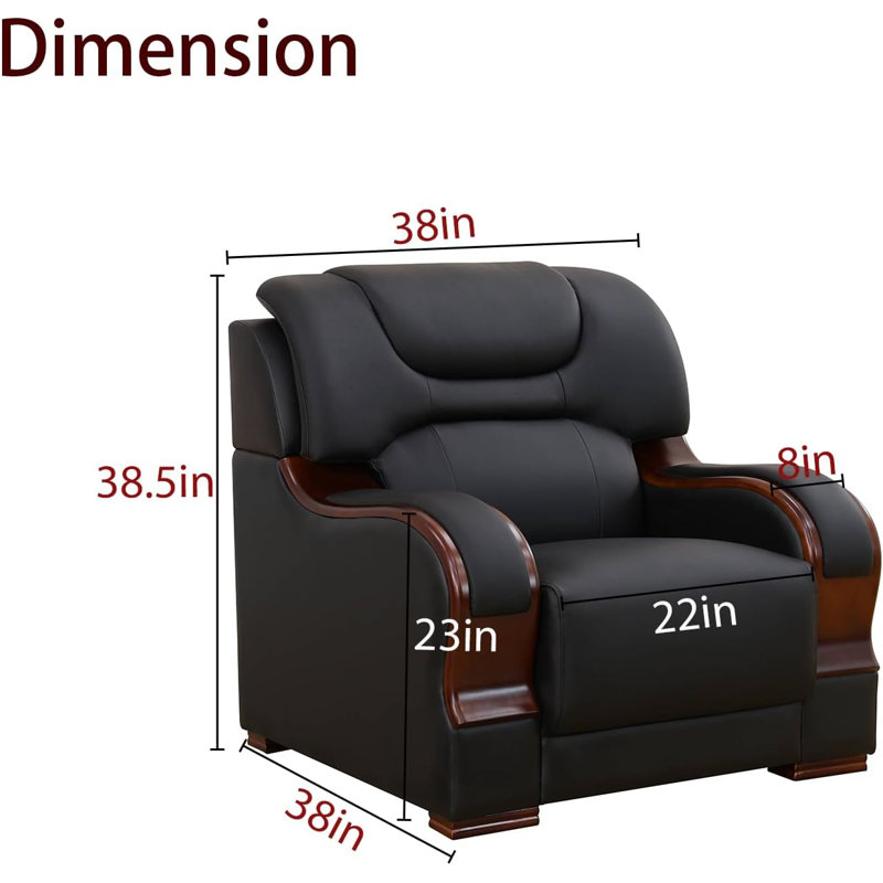 Fauteuil surdimensionné moderne en cuir véritable de 38 po avec accents en bois courbé, Noir