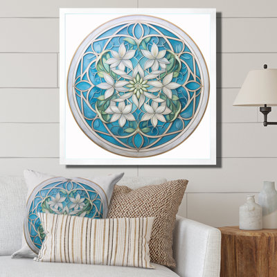 Mandala de fleurs rétro turquoise et blanc sur toile