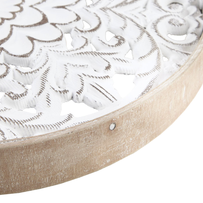 3 Distressed White Floral Wall Artwork - Wood, Natural+White, 13.75", 11.75", 9.75" , Indoor Decoration, Vintage Inspired, Sawtooth Hanging Wood Decor Medallion Trio, 3, Indoor, Classic Design, Hanger