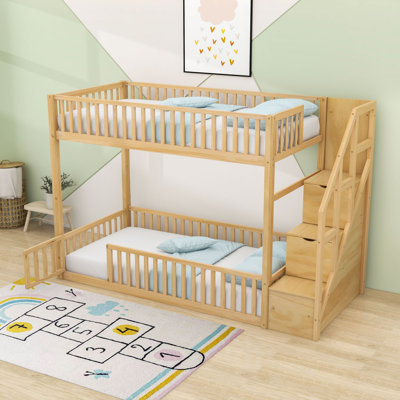 Twin Over Twin Low Bunk Bed With Built-In Staircases And Storage Shelves