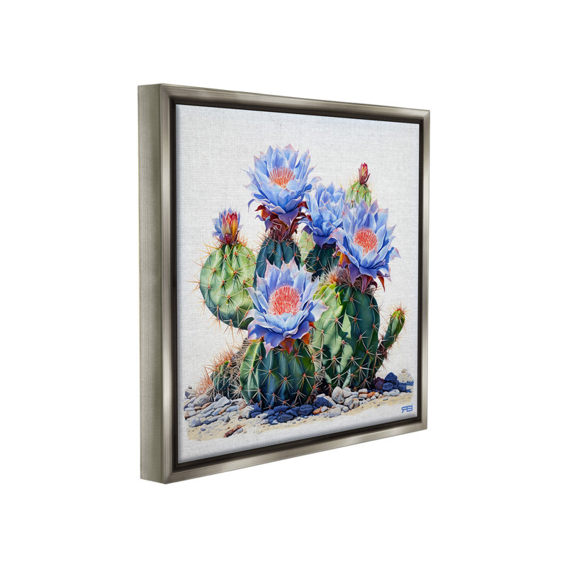 "Blue Cactus Blossoms" par RB sur toile, Cadre flottant gris lustré, H 18 po x l 18 po