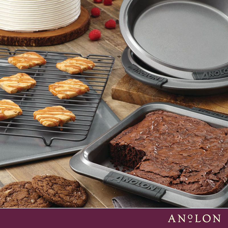 Anolon Advanced Nonstick Bakeware / Baking Set with Silicone Grips, Gray, 5-Piece Set (3 Cake Pans, 1 Cookie Sheet, 1 Rack)