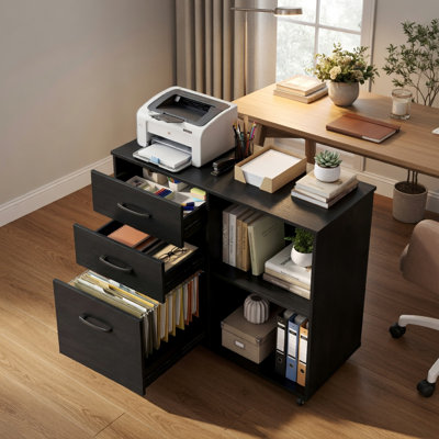  Classeur latéral mobile à 3 tiroirs avec tablettes et roulettes réglables, rangement de bureau pour imprimantes et documents, noir