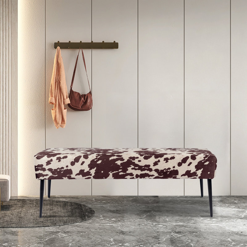 Modern Cowhide Pattern Upholstered Entryway Accent Bench, Coffee