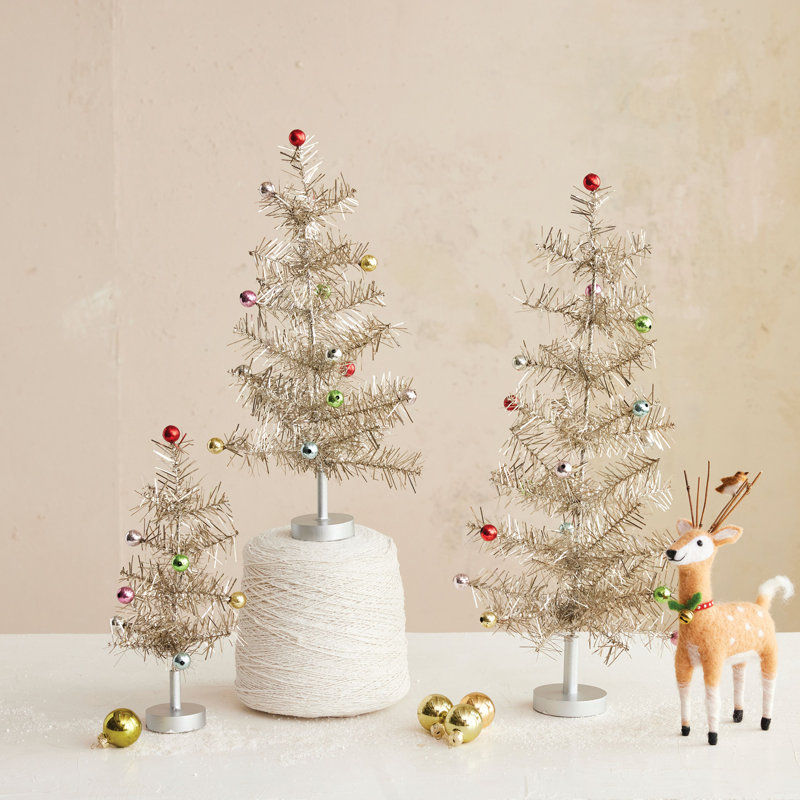 Tinsel Tree With Multicolor Ball Ornaments, 8" H x 2.13" W x 2.13" D