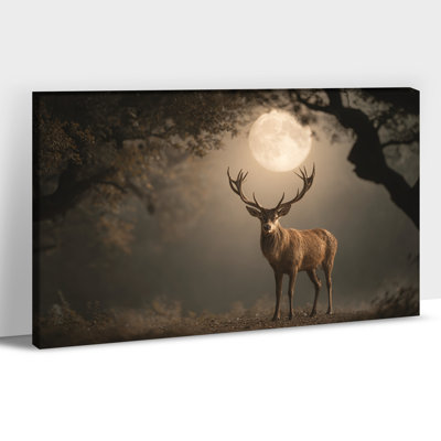 Grand art mural sur toile de cerf au clair de lune, impression de paysage de forêt en hiver, peinture de cerf majestueux, affiche de Noël des Fêtes, œuvre d'art sur toile de scène de nature rustique pour chambre à coucher salon, 32 po x 48 po