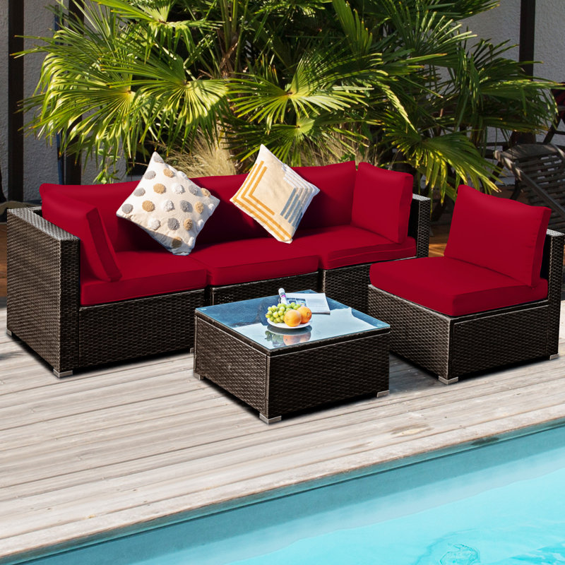 Rattan Sectional Seating Group with Cushions, Red