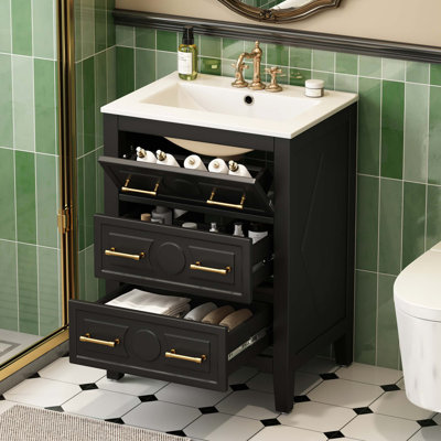 24'' Bathroom Vanity With Ceramic Sink Combo, Free Standing Single Vanity Set With 3 Drawers, Bathroom Storage Cabinet