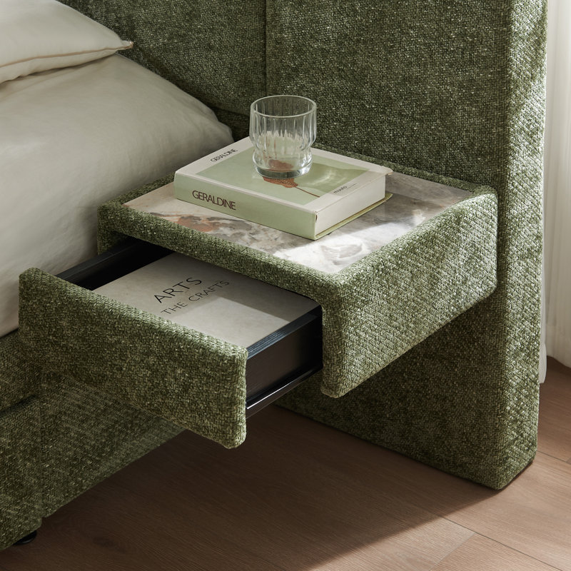 Upholstered King Bed Frame with 2 Nightstands & Drawers, Linen Fabric, No Box Spring Needed, Turtle, Turtle, King