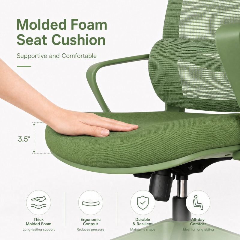 Chaise de travail ergonomique en maille à haut dossier avec support lombaire à 7 niveaux, Vert olive