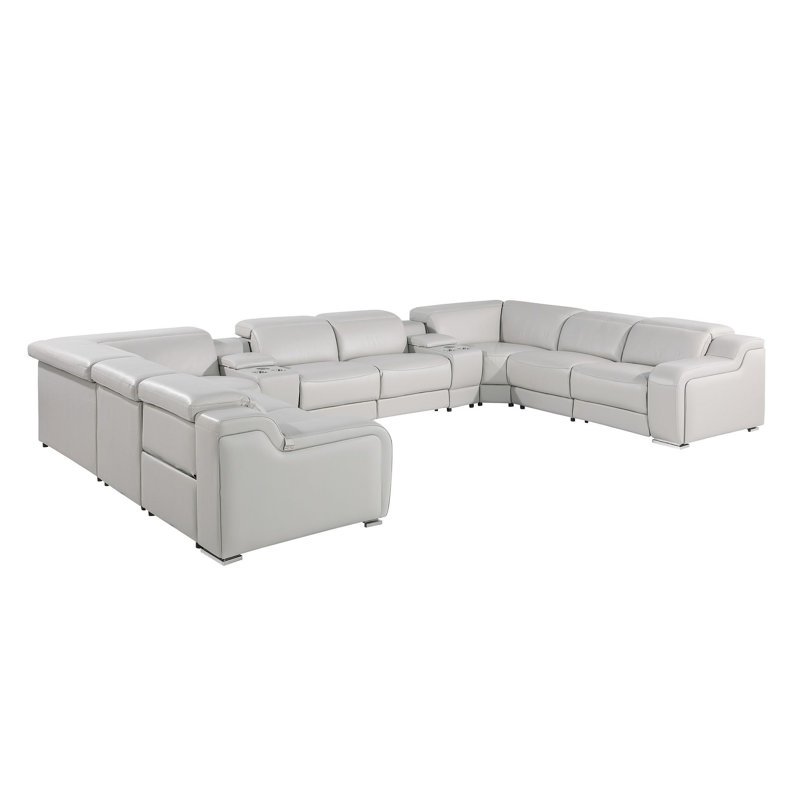 Canapé modulaire en U inclinable électrique en cuir gris clair avec console