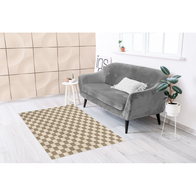 Checkers Game Turkish Area Rug, 4' X 5' 7", Beige Cream