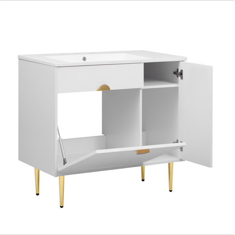 Meuble-lavabo 36 po avec lavabo en résine, meuble-lavabo moderne, armoire de rangement avec porte à fermeture en douceur et porte rabattable