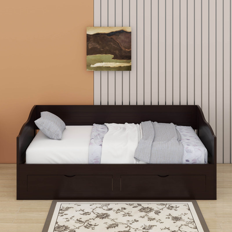 Extendable Daybed, Wooden Daybed With Trundle And Two Drawers, Convertible Sofa Bed With 2 Storage Drawers, Espresso