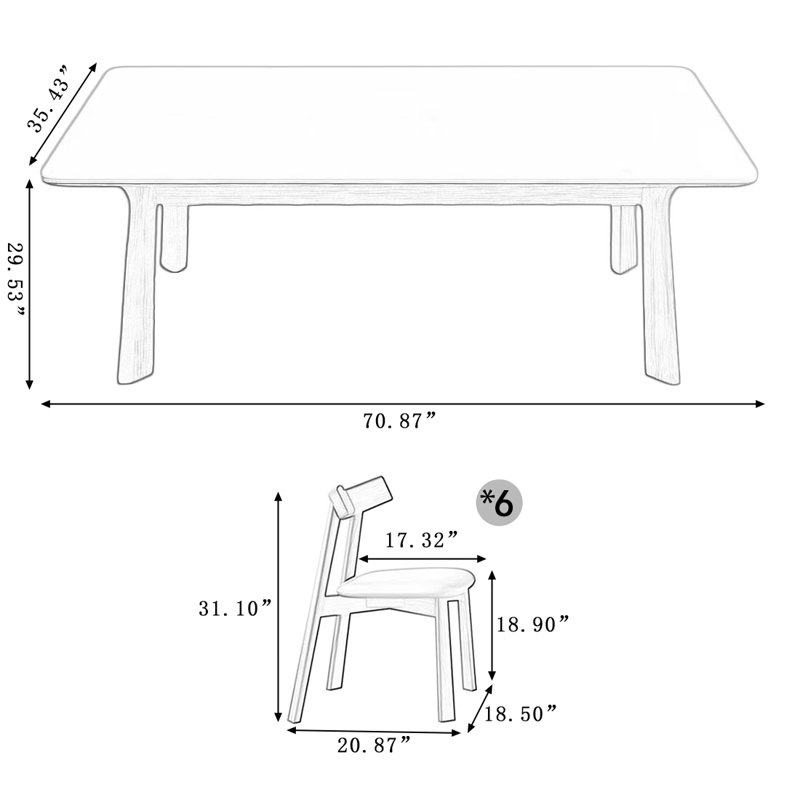 6 - Person White Rectangular Sintered Stone tabletop Dining Table Set, 29.53"H x 70.87"L x 35.43"W