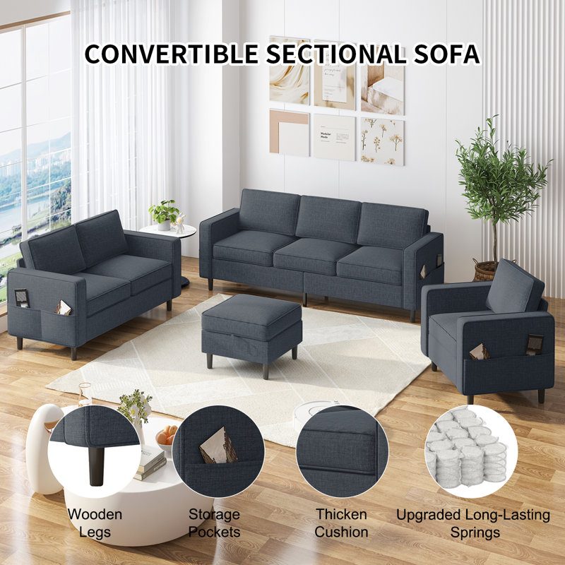 Modern Sofa, Loveseat And Single Seat Set - Durable 4-piece Living Room Furniture, Sturdy L-shaped Sectional Couch With Storage Ottoman, Space-saving Design For Apartments