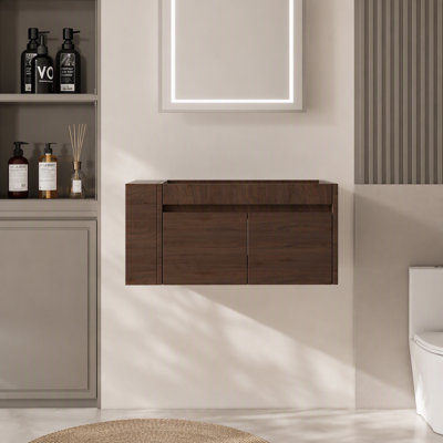 Armoire de meuble-lavabo flottant 30 po, contreplaqué, double tiroir à fermeture douce, rangement intérieur spacieux, compartiment de rangement latéral ouvert, fixation murale, armoire seulement, lavabo non inclus, chêne