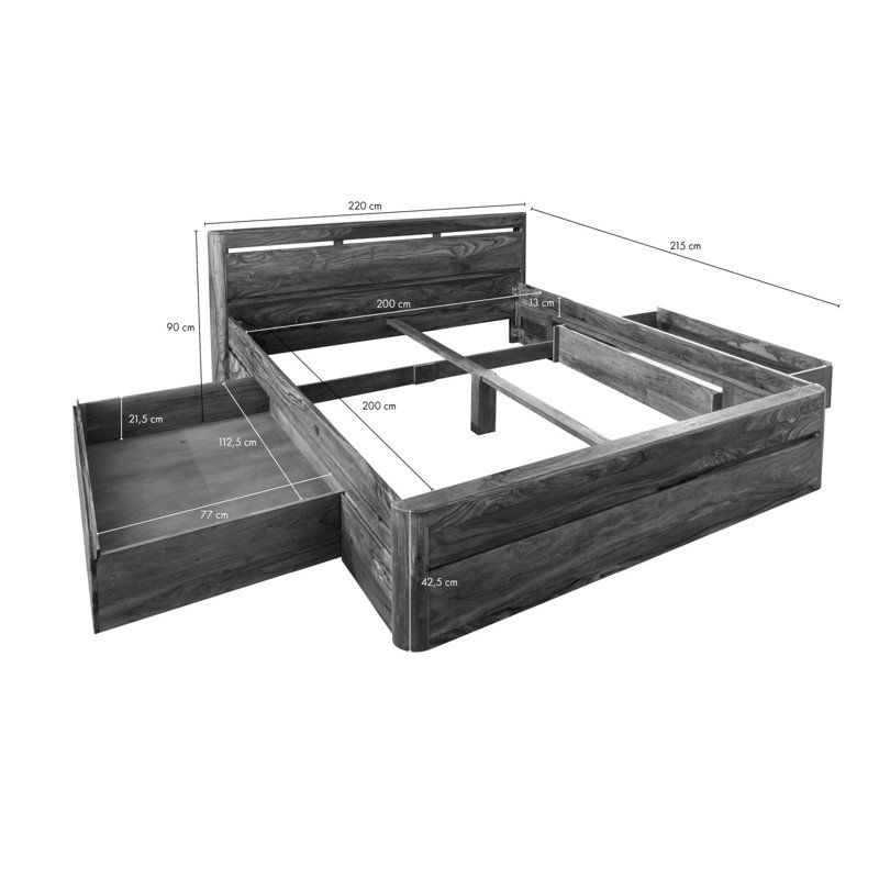 Toronto Solid Wood Drawers Bed, 200 x 200 cm, Drawers