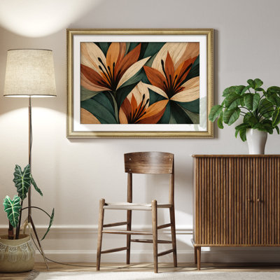 Bold Floral Pattern with Orange and Green Leaves for Living Room Bedroom Framed Wall Art 26"x36"