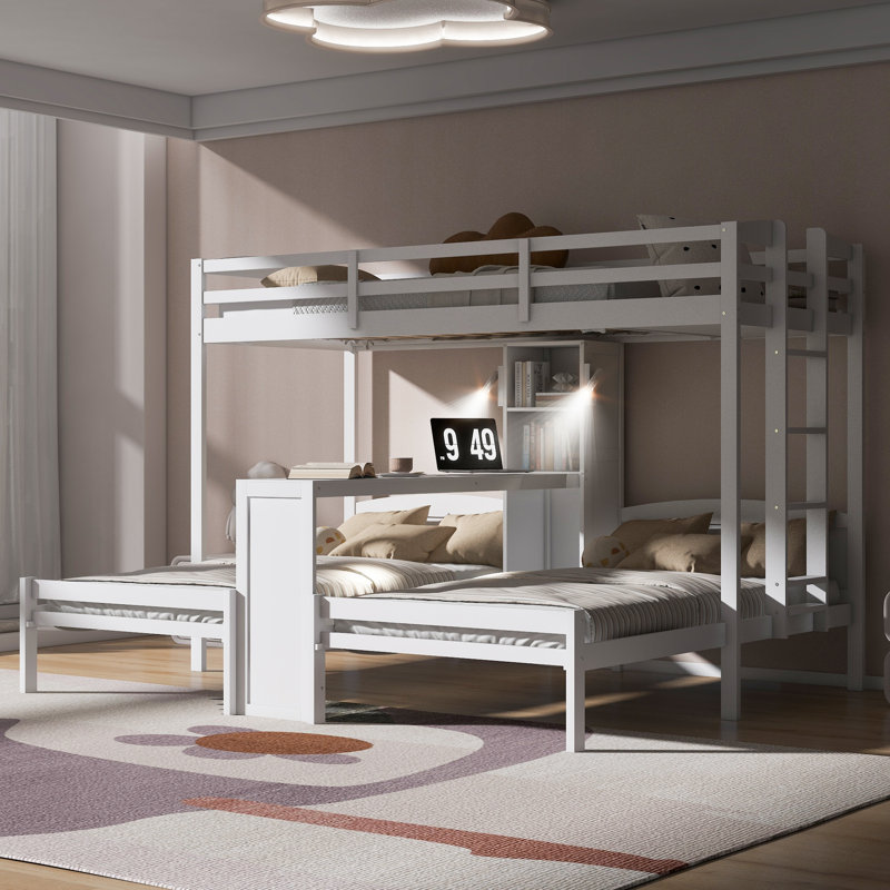 Lit superposé simple au-dessus de simple et simple avec bureau intégré et tablettes de rangement, lampe de lecture, 3 lits en 1, blanc