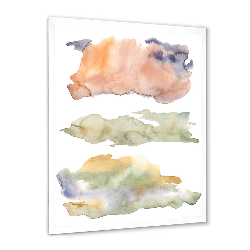 Abstrait orange, beige, vert et nuages bleus - peinture sur toile à cadre flottant, H 32 po x l 16 po x P 1 po