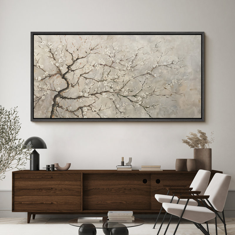 Art mural sur toile de fleur de cerisier gris, Impression encadrée flottante sans passe-partout, H 30 po x l 60 po