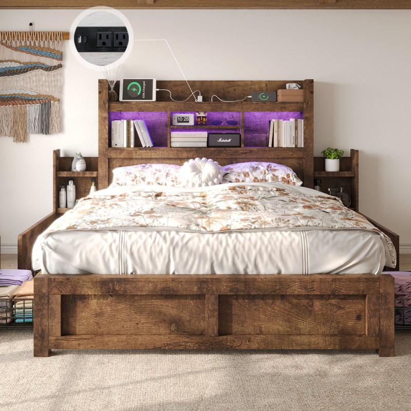 Farmhouse Bed Frame with Bookcase Headboard, 2 Detachable Racks, 4 Drawers & RGB LED, Queen, Brown