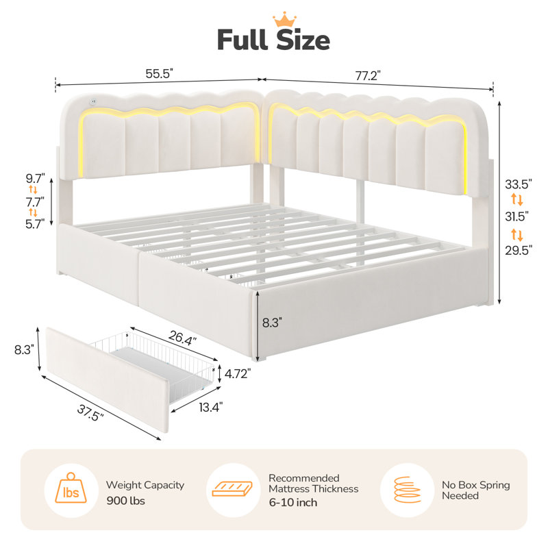 Lit de jour double avec barrière de sécurité et tête de lit en velours, cadre de lit d'angle en métal avec 2 tiroirs de rangement et ports USB, cadre de lit double pour filles, tête de lit réglable en hauteur, blanc