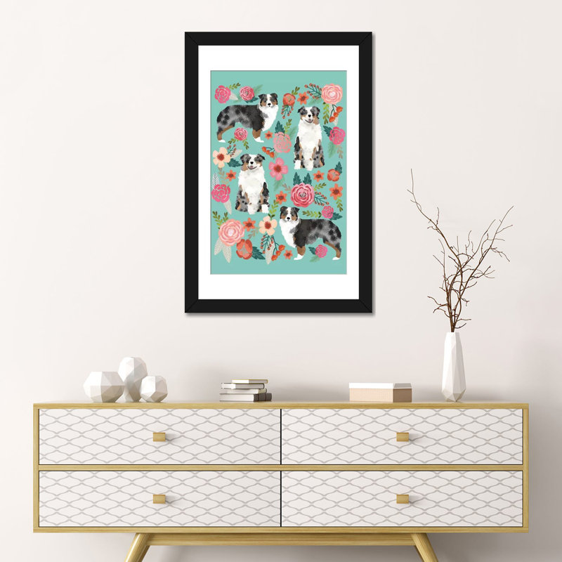 « australian berger floral collage », impression sur toile tendue, H 24 po x l 16 po x P 1 po, Papier beaux-arts encadré noir