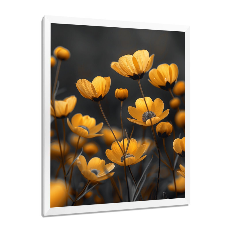 Reproduction d'art jaune jaune noir Golden Hour Glow Buttercups I - Bouton d'or, Toile encadrée blanche avec une seule photo