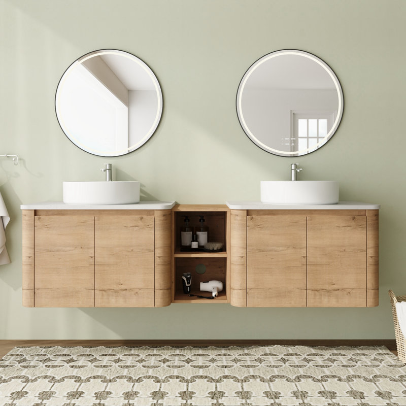 Meuble-lavabo flottant mural 72 po avec comptoir en quartz et portes et tablettes de rangement à fermeture en douceur, Blanc