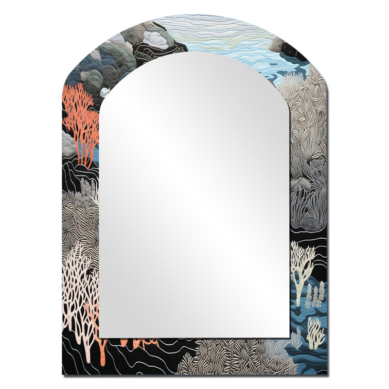 Noir et blanc abstrait Coral River I - grand miroir mural Corals Arch, miroir décoratif asymétrique gris, impression sur métal
