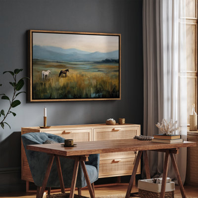 Peaceful Horses in Open Meadow Landscape Framed Print Wall Art